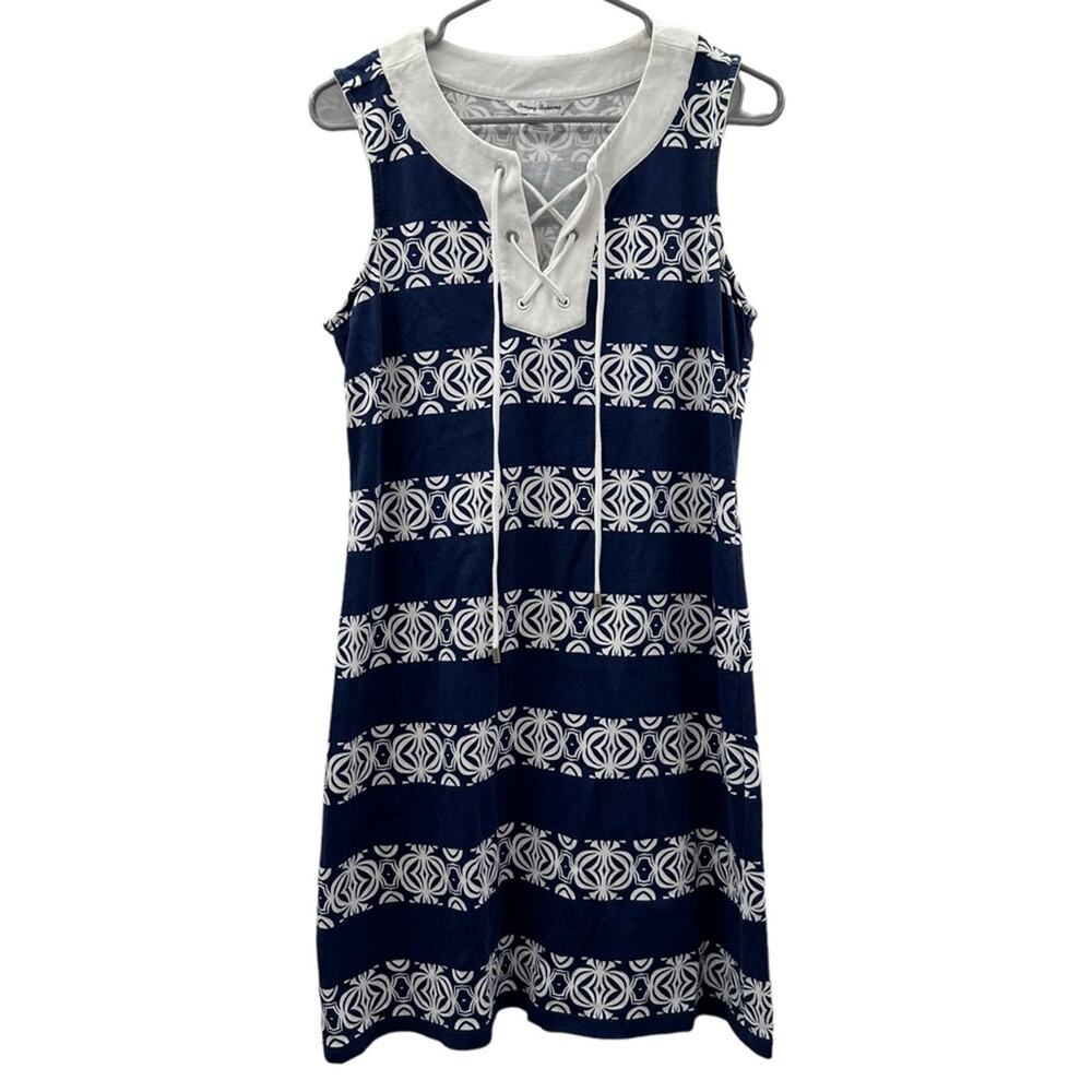 Tommy Bahama Navy Blue &‎ White Striped Geometric Print Lace Up Dress Sz S